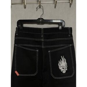 JNCO Black Bootcut Jeans with White Contrast Stitching & Flame Skull Patch